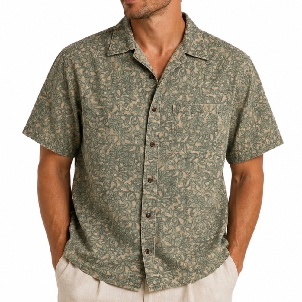 Vintage 90s Abercrombie & Fitch Linen Blend Floral‎ Short Sleeve Button Down L